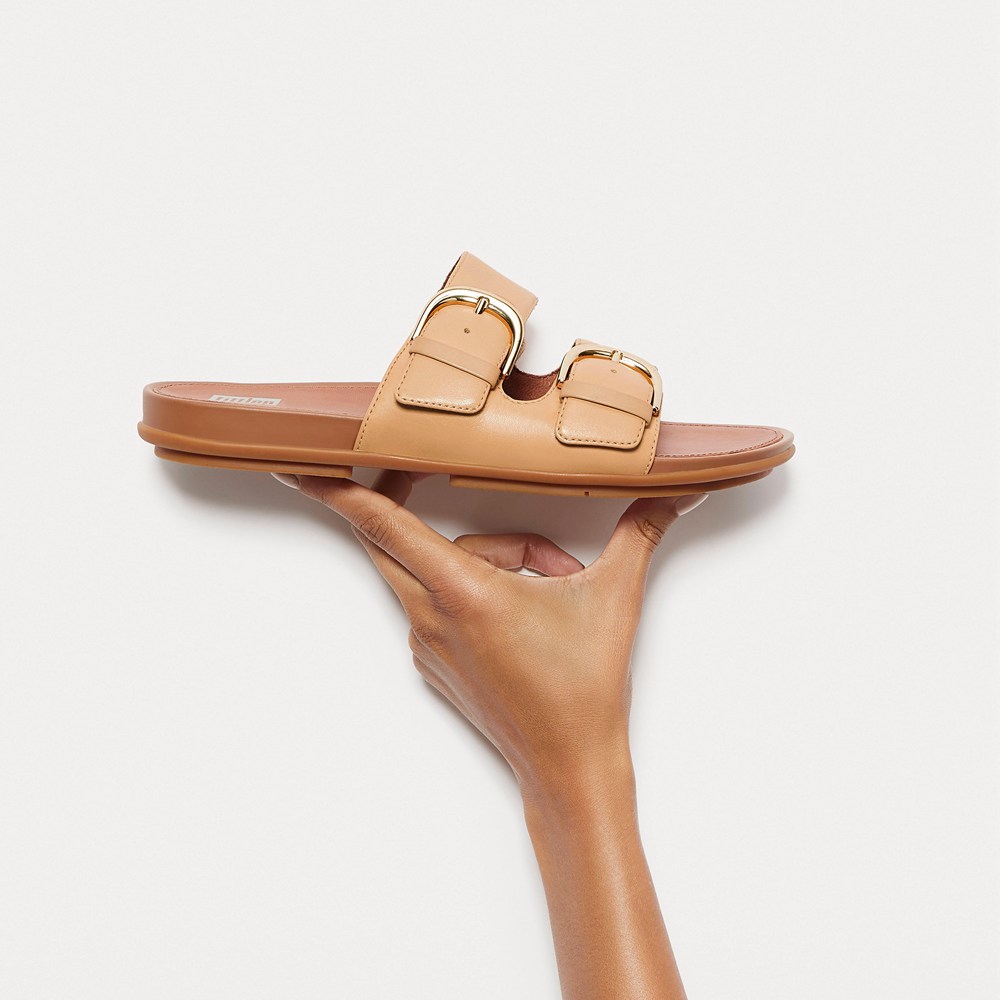 Fitflop Womens Slides - Gracie Buckle Leather - Brown - 856-VOTAMX